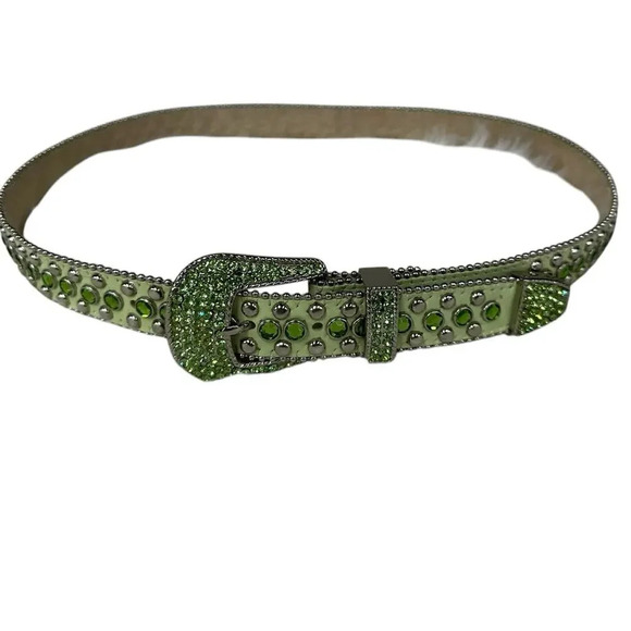 Christine Alexander Swarovski Crystal Studded Green Leather Belt Size Large - Picture 13 of 16
